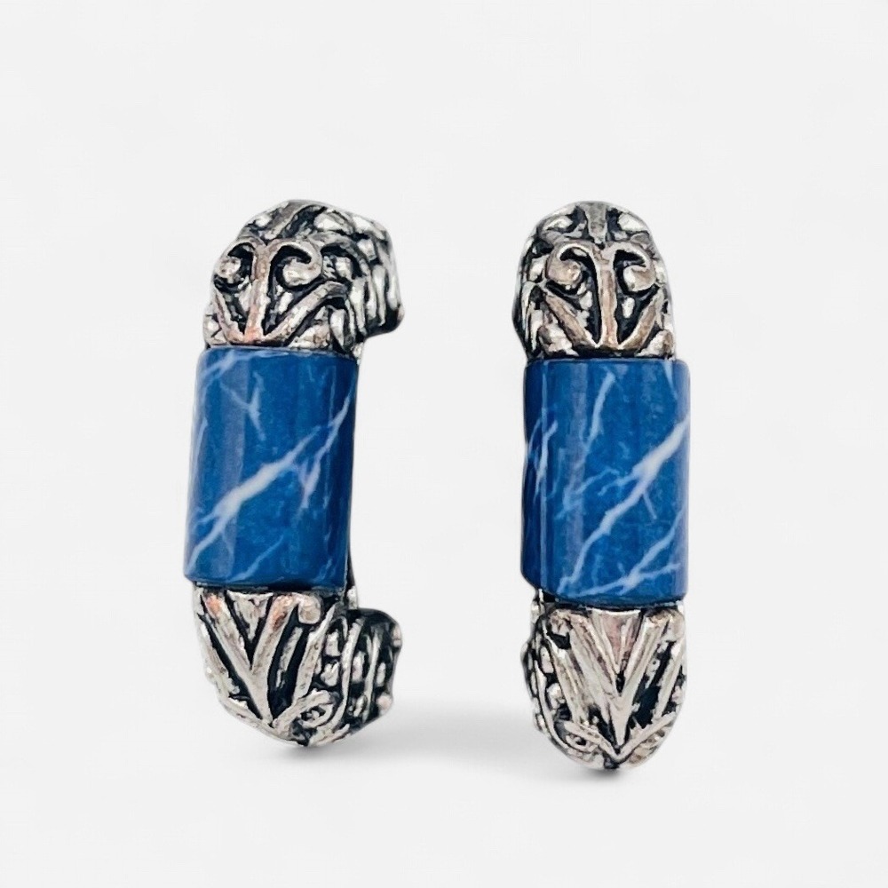 Vintage RMN Roman Earrings Silver Blue‎ Marble Post Hoop Filigree